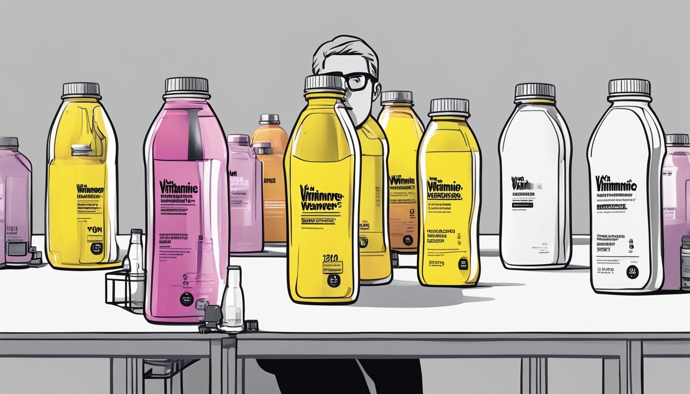 A table with multiple bottles of vitaminwater power c, some empty, some full, and a person looking concerned while holding a bottle