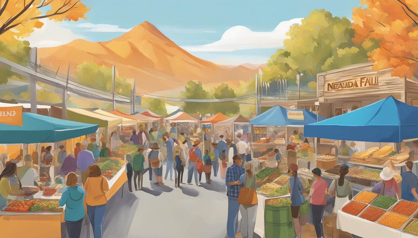 Colorful food stalls line the festival grounds, offering an array of fresh produce, baked goods, and savory treats. The aroma of seasonal dishes fills the air as visitors sample the best of Nevada's fall harvest