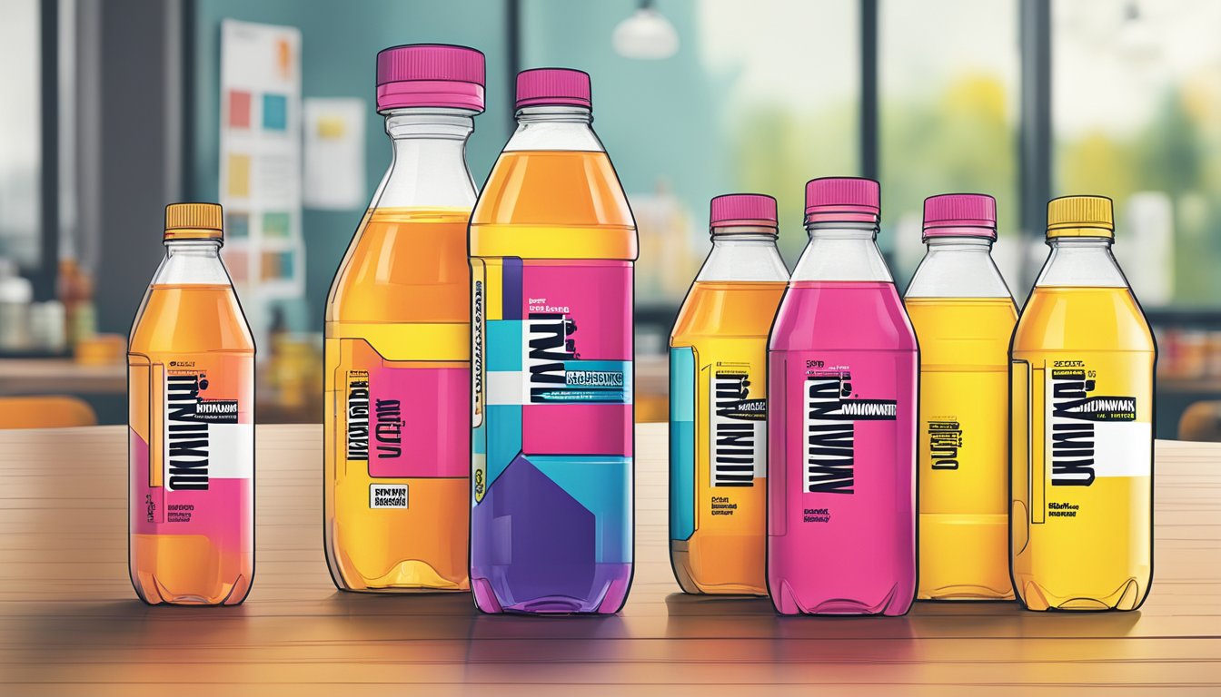 A table with multiple bottles of Vitaminwater Power C stacked on top of each other, with a warning sign indicating "excessive consumption" nearby