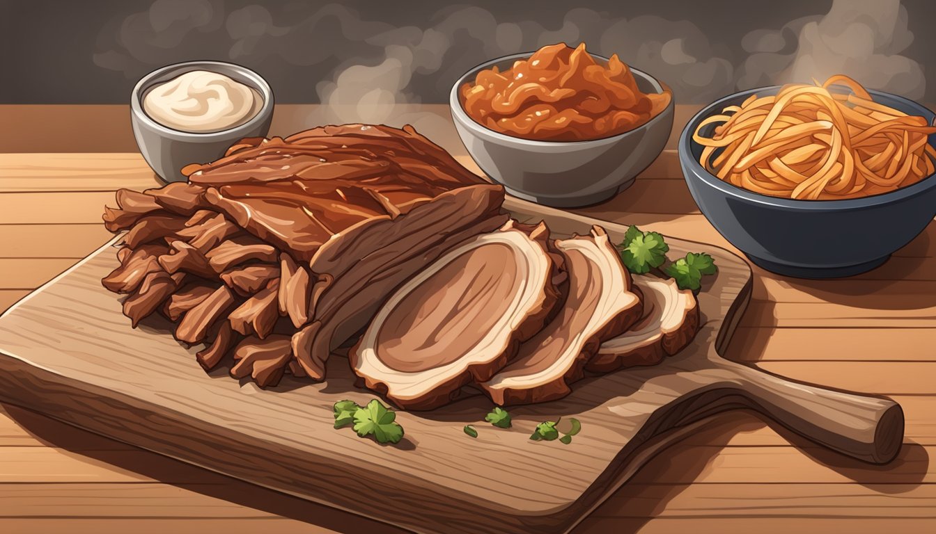 A rustic wooden cutting board with a mound of tender, juicy pulled pork surrounded by a smoky haze, with a small bowl of tangy barbecue sauce on the side