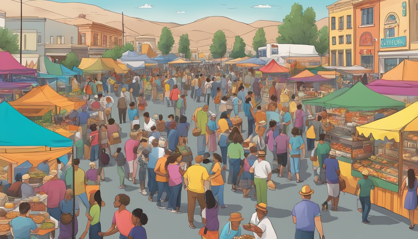 A bustling food festival in Nevada with colorful food stalls, lively music, and crowds of people sampling various dishes