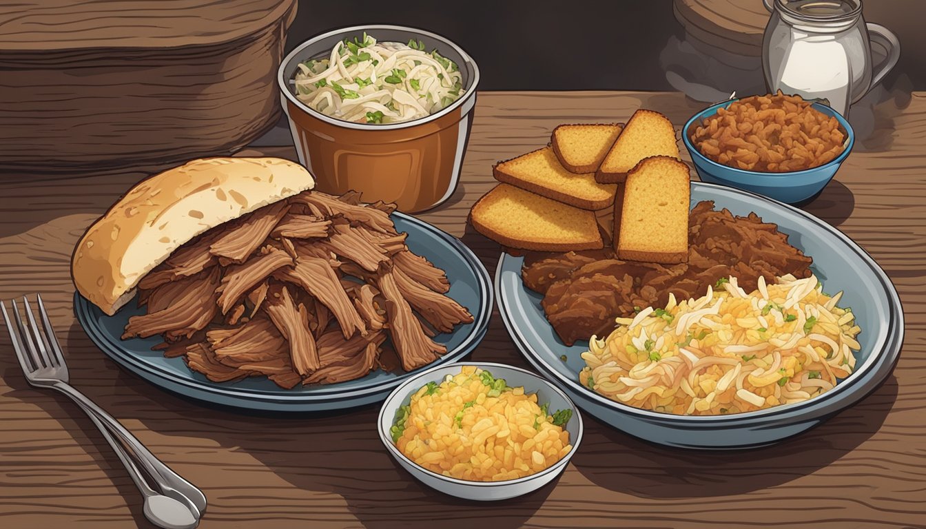 A platter of Texas-style smoked pulled pork with a side of tangy coleslaw and a basket of cornbread, all served on a rustic wooden table