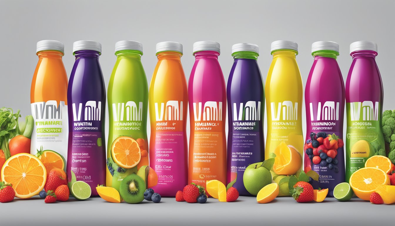 A colorful array of vitaminwater power c bottles overflowing from a glass, with a vibrant mix of fruits and vegetables in the background