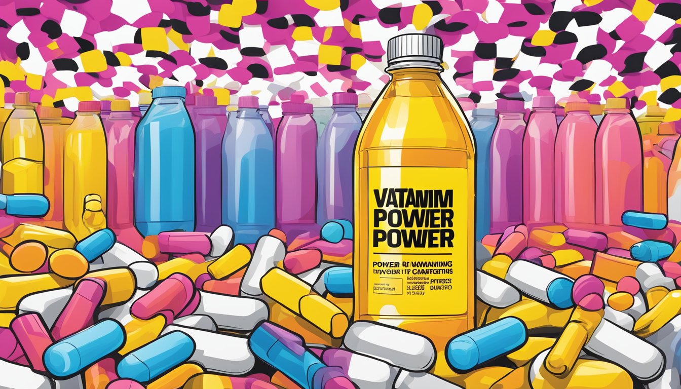 A bottle of vitaminwater power c overflowing with pills, surrounded by warning signs