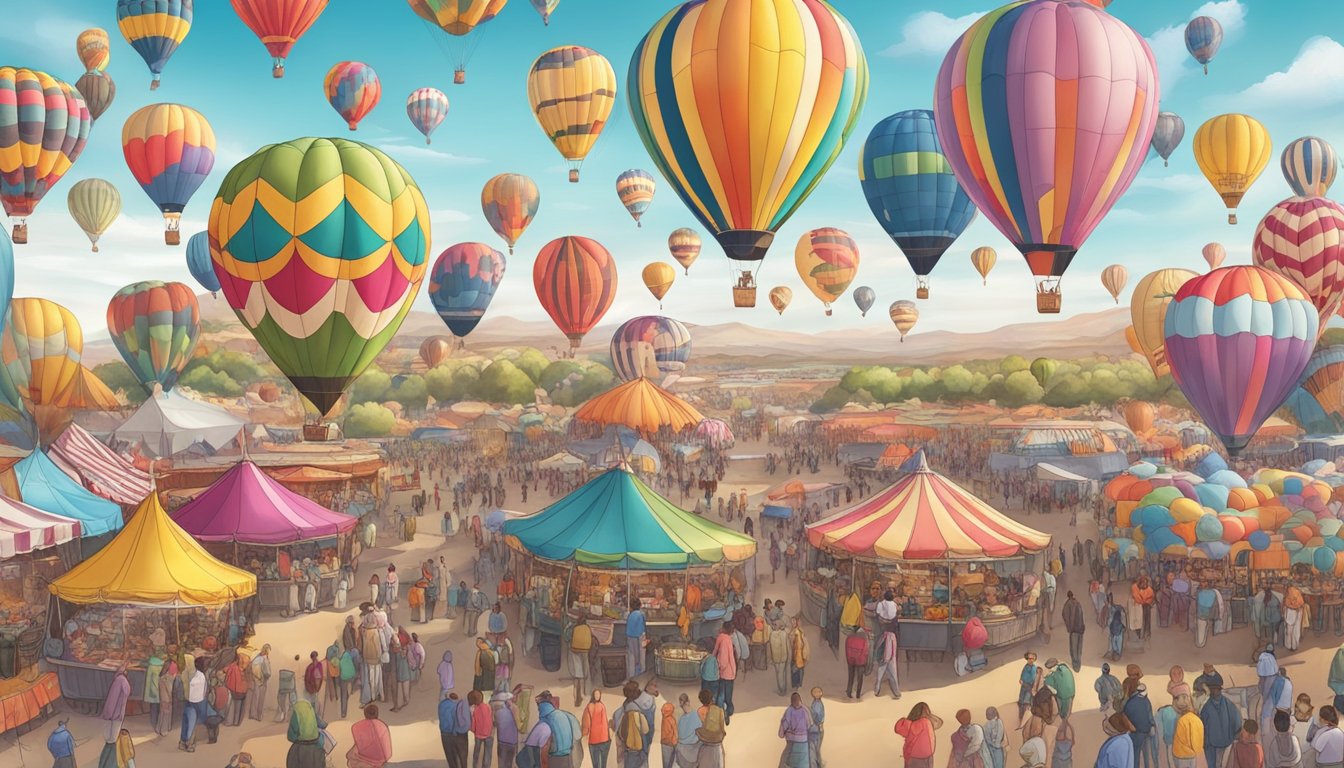 Colorful hot air balloons float over a bustling food festival at the Albuquerque International Balloon Fiesta in New Mexico