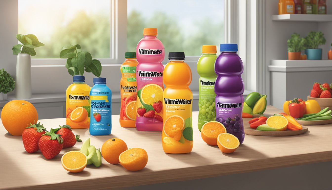 A variety of fruits and vegetables, including oranges, strawberries, and bell peppers, are arranged on a table next to bottles of vitaminwater power c