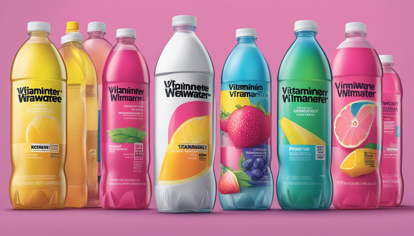 A table with multiple bottles of Vitaminwater Power C, some empty, some half-full, and some unopened