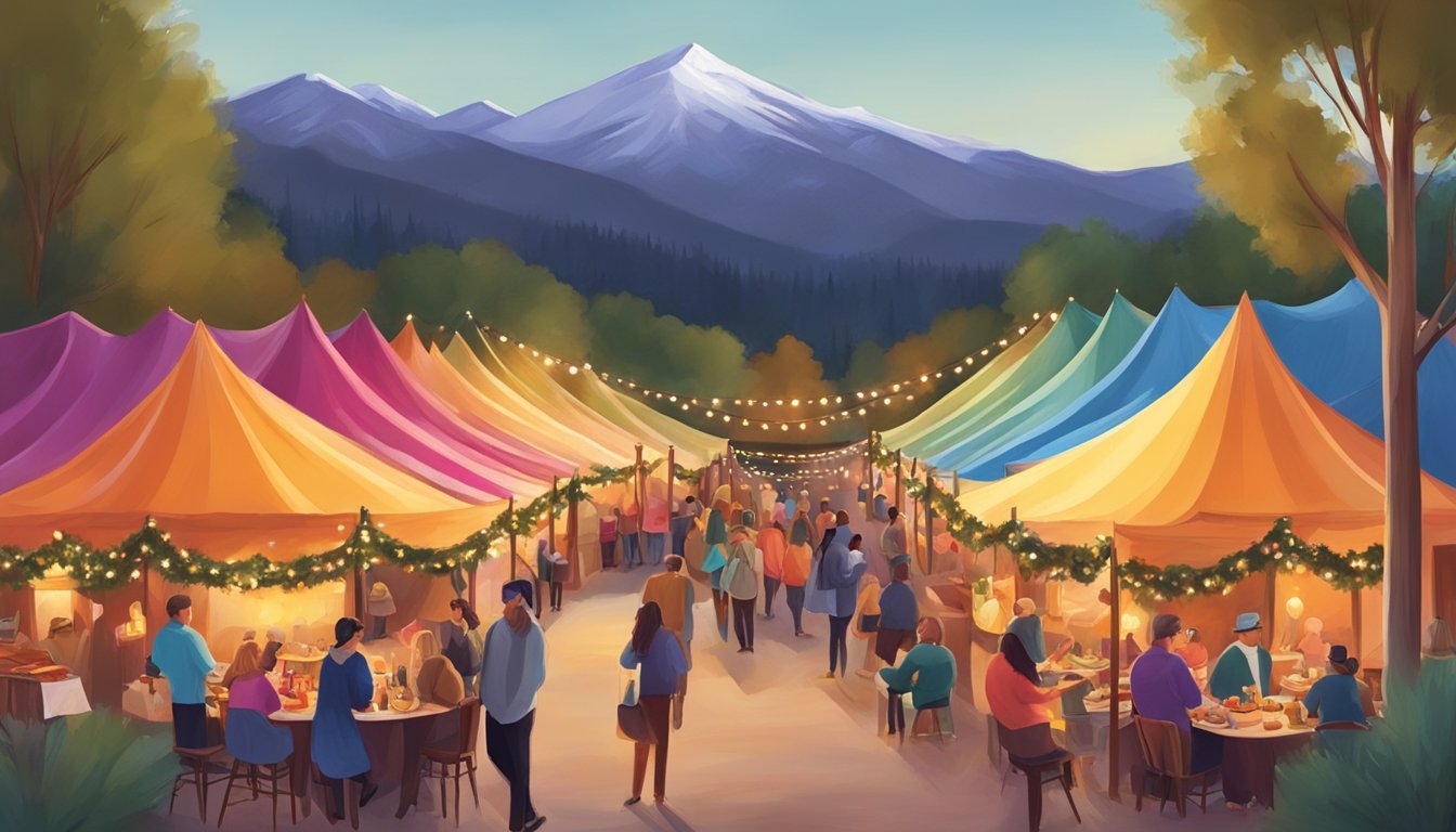 A cozy outdoor wine festival in Taos, New Mexico, with colorful tents, twinkling lights, and delicious food and drinks