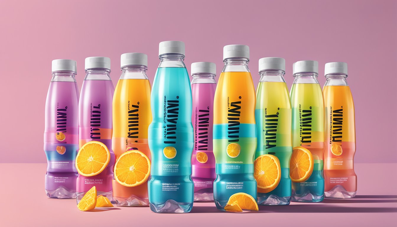 A colorful array of Vitaminwater Power C bottles, stacked in a pyramid formation, with a clear glass filled with the beverage and a few scattered oranges nearby