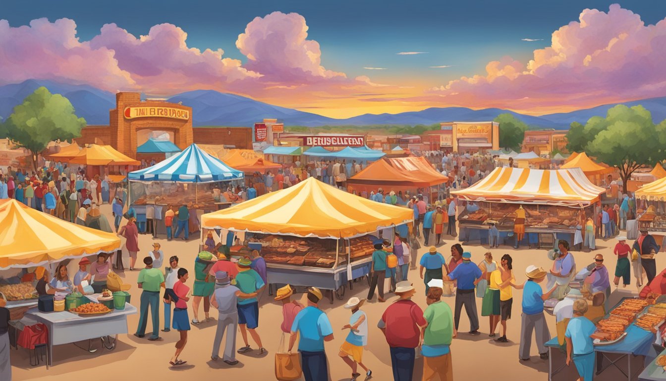 Vibrant food vendors and lively crowds fill the Fiery Foods & Barbecue Show in New Mexico. The aroma of sizzling meats and spicy dishes fills the air