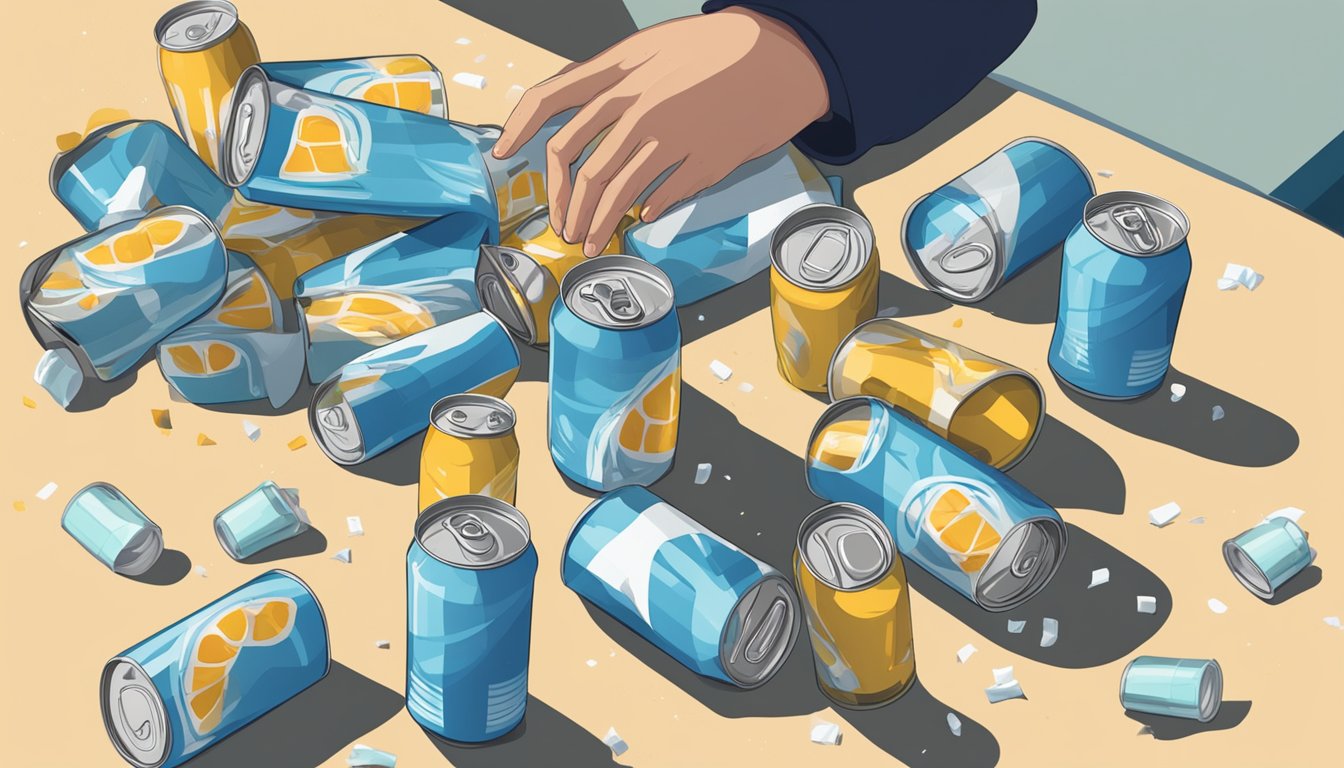 A table with multiple empty cans of Kickstart Drink scattered around, surrounded by discarded packaging and a worried expression on a person's face