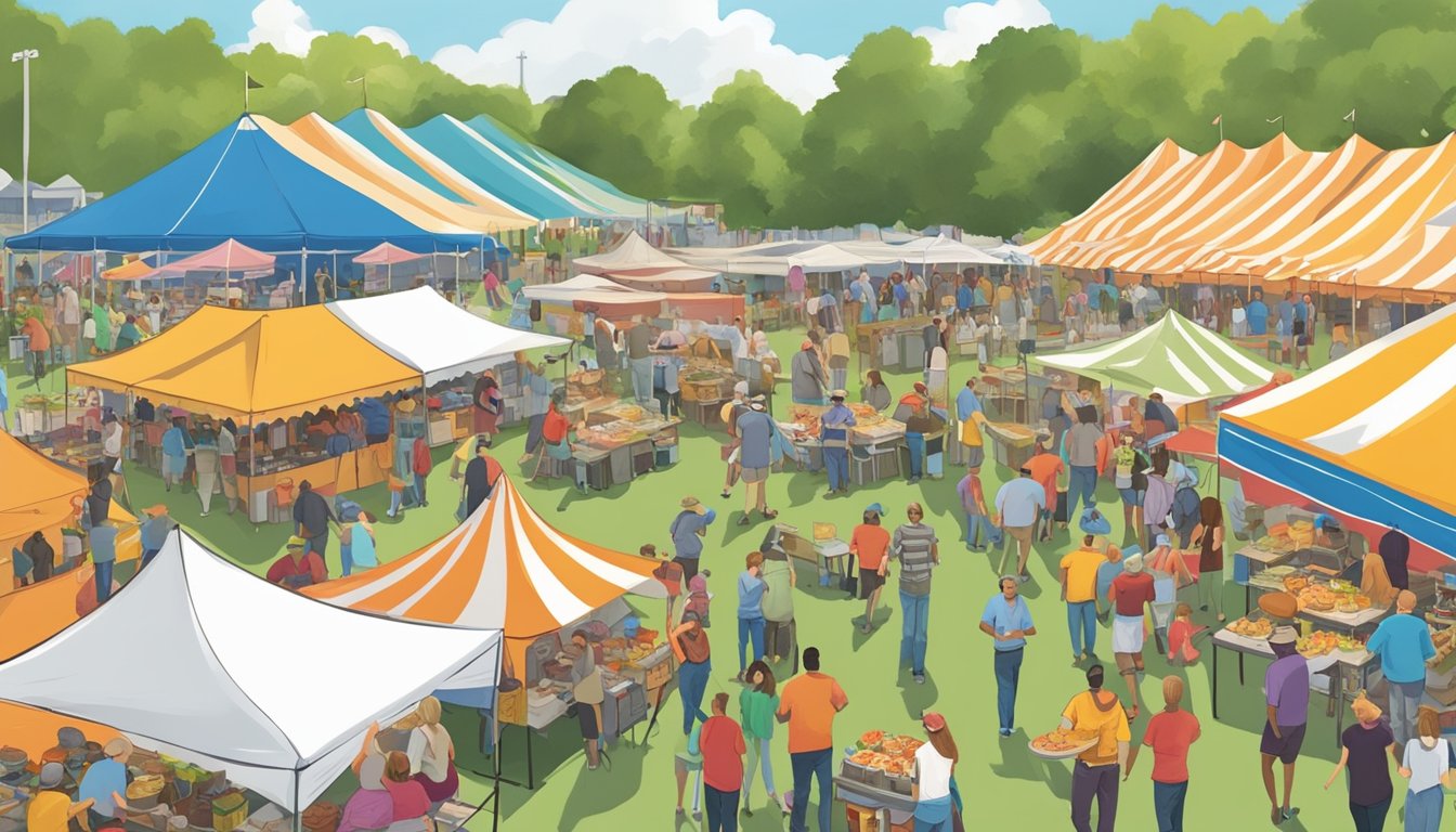 A bustling Tennessee food festival with colorful tents, live music, and crowds sampling a variety of delicious dishes