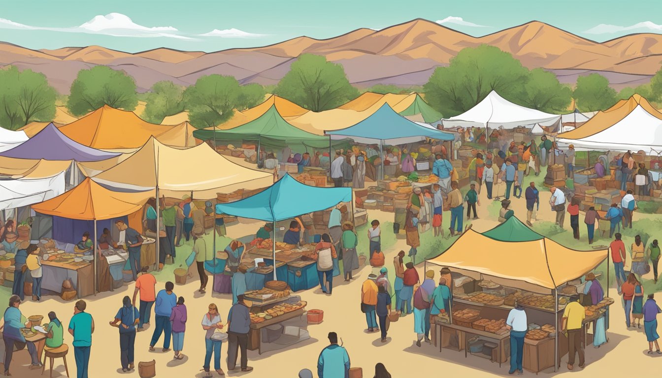 A bustling food festival in New Mexico, with colorful tents, live music, and people enjoying traditional dishes like green chile stew and biscochitos