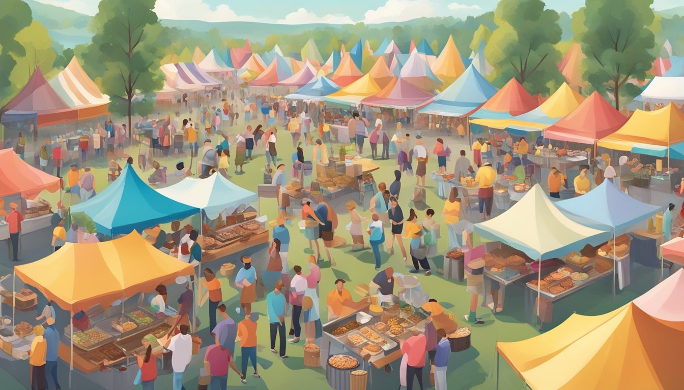 A bustling food festival in Tennessee, with colorful tents, food stalls, and people sampling various dishes. The air is filled with the aroma of smoked meats, fried treats, and sweet desserts