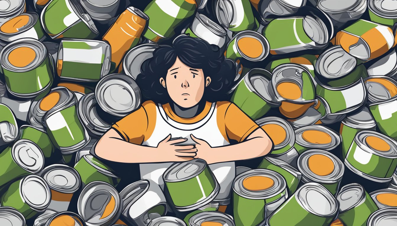 A person surrounded by empty cans of Kickstart, with a worried expression, holding their stomach