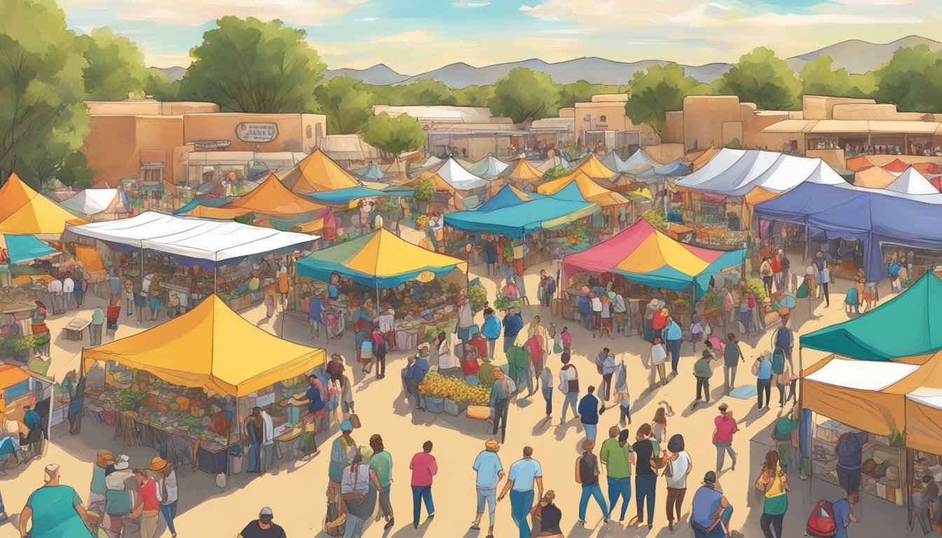 A bustling food festival in New Mexico with colorful tents, live music, and a variety of unique culinary experiences