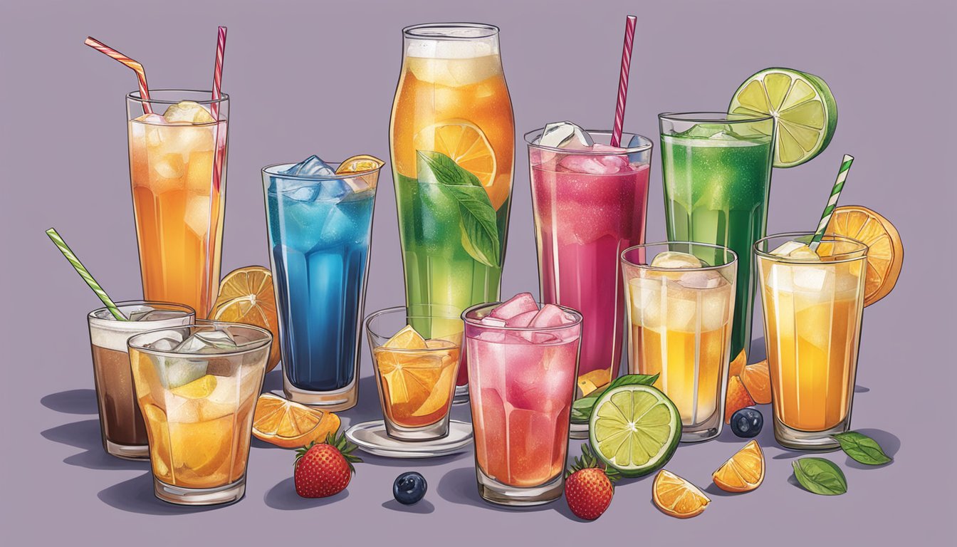 A table with multiple glasses filled with Kickstart drink, surrounded by other beverages in varying quantities