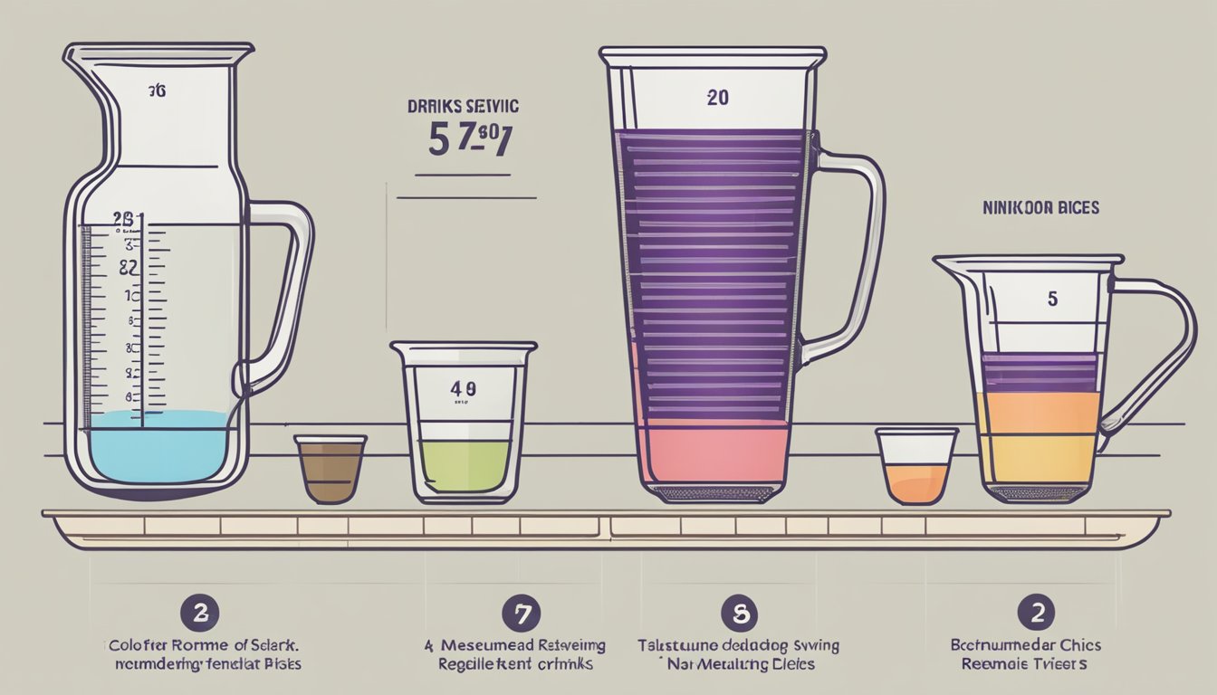 A table with various sizes of Kickstart drinks, a measuring cup, and a chart showing recommended serving sizes