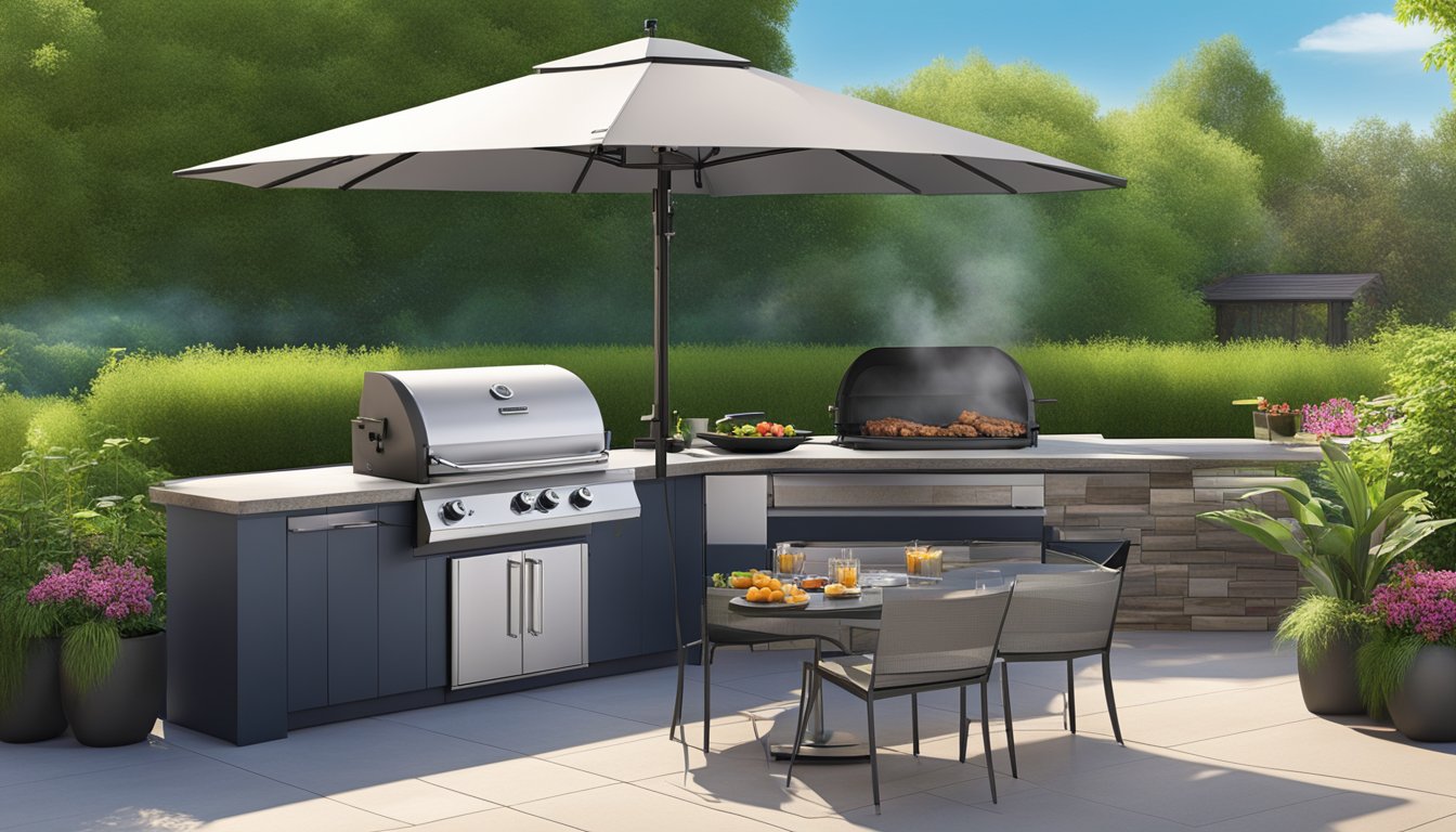 A modern outdoor patio with the Char-Broil Deluxe Digital Electric Smoker as the focal point, surrounded by a lush green garden and a clear blue sky