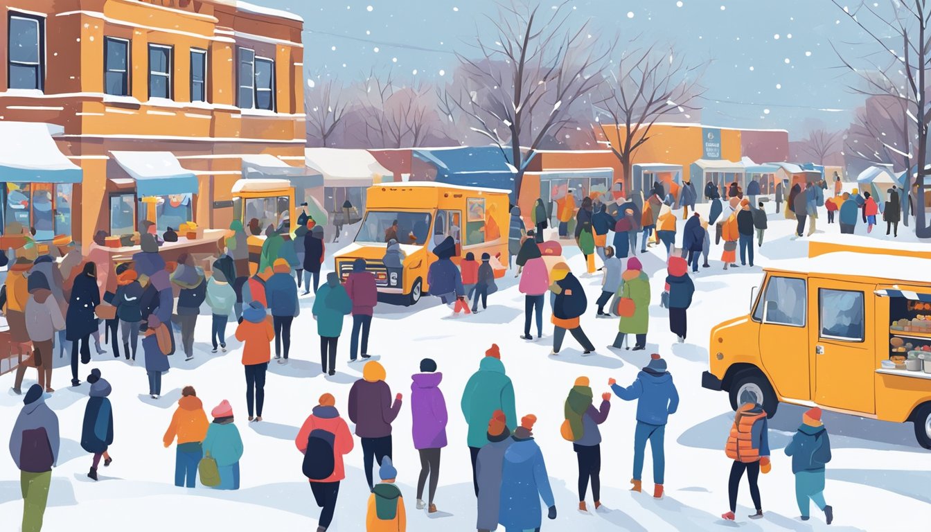 Colorful food trucks line snowy street at Fargo Winter Blues Festival, with people milling about sampling delicious dishes and enjoying live music