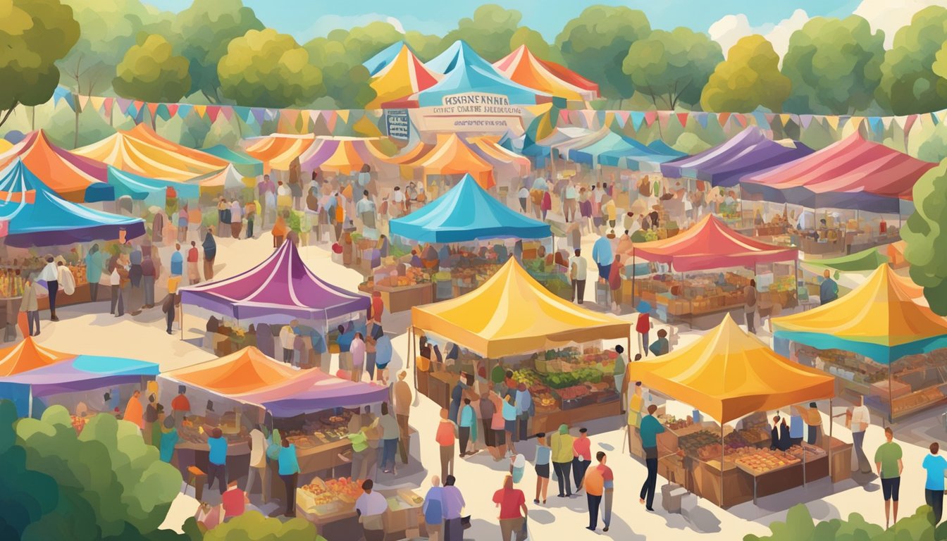 Vibrant outdoor food festival with colorful tents, bustling crowds, and delicious aromas filling the air. Wine tastings and gourmet dishes on display