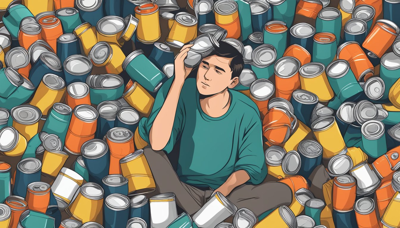 A person surrounded by empty cans of Kickstart, looking unwell