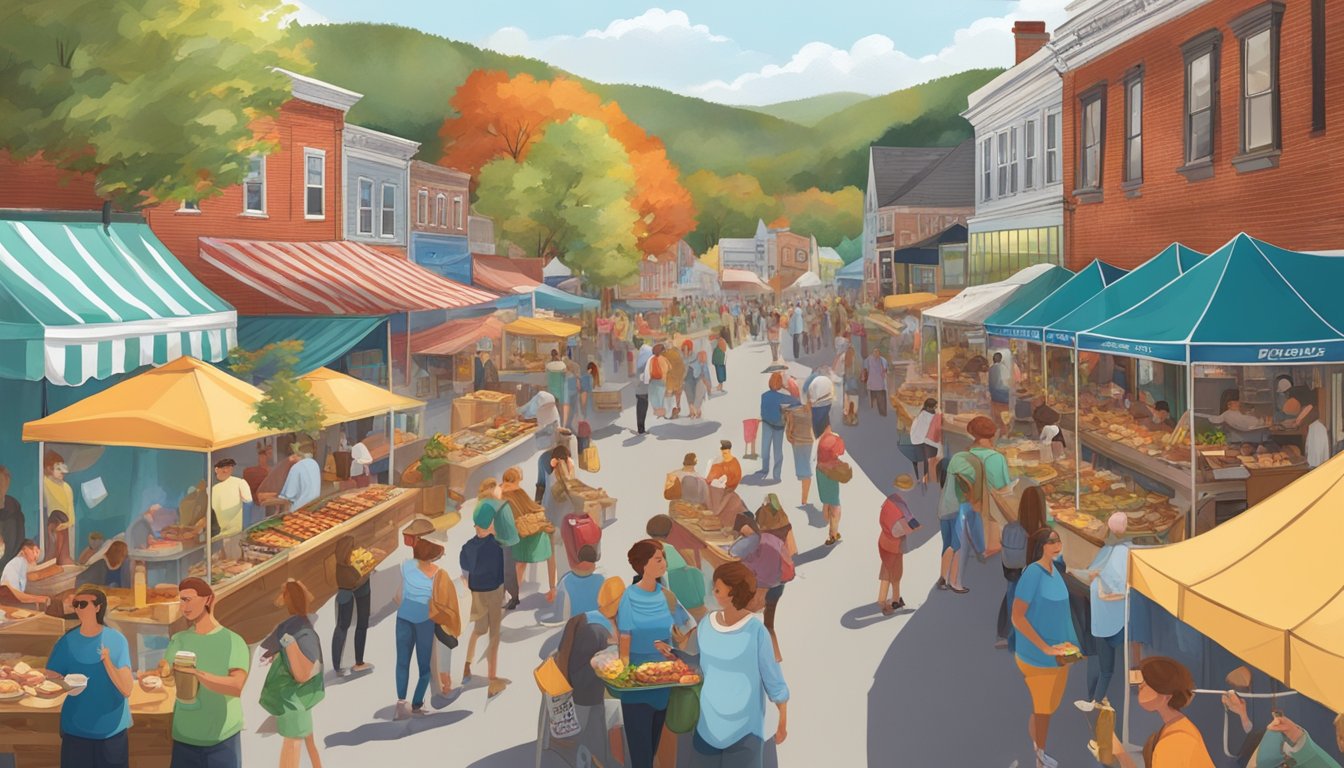 A bustling outdoor festival with food vendors, live music, and people enjoying bacon-themed dishes in a picturesque Vermont town