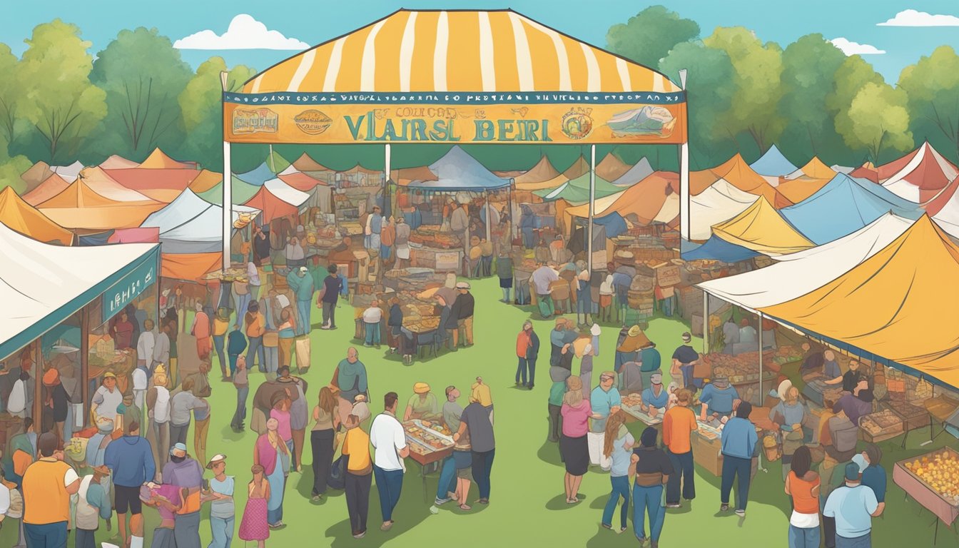 Crowds gather under a large tent, sampling a variety of local foods and craft beers. Vendors display colorful banners and signs, while live music fills the air