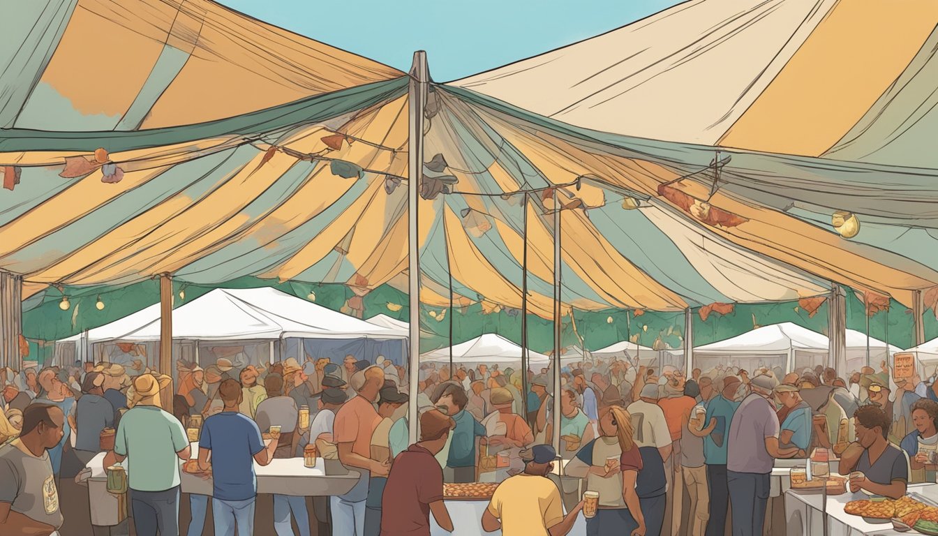 Crowds gather under a large tent, sampling various bacon and beer offerings from local vendors. The aroma of sizzling bacon fills the air as people mingle and enjoy the lively atmosphere