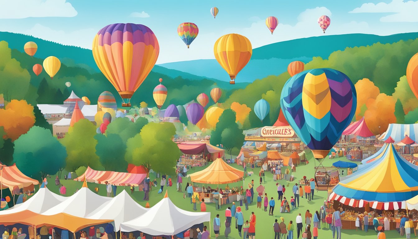 Colorful hot air balloons rise over a bustling craft fair, surrounded by food vendors and lively music, creating a vibrant scene at the Quechee Balloon Festival