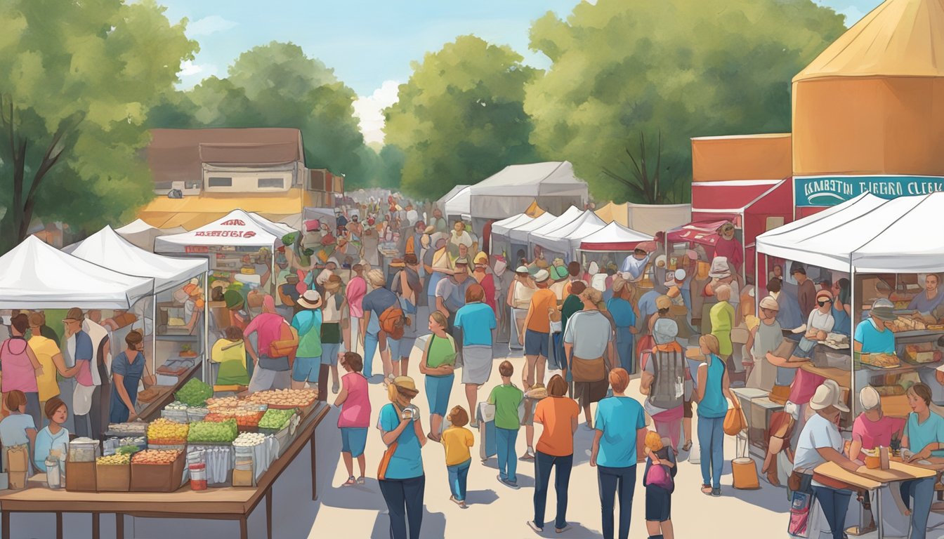 Crowds gather around food vendors at the North Dakota Chokecherry Festival, sampling various cherry-infused treats and enjoying live music