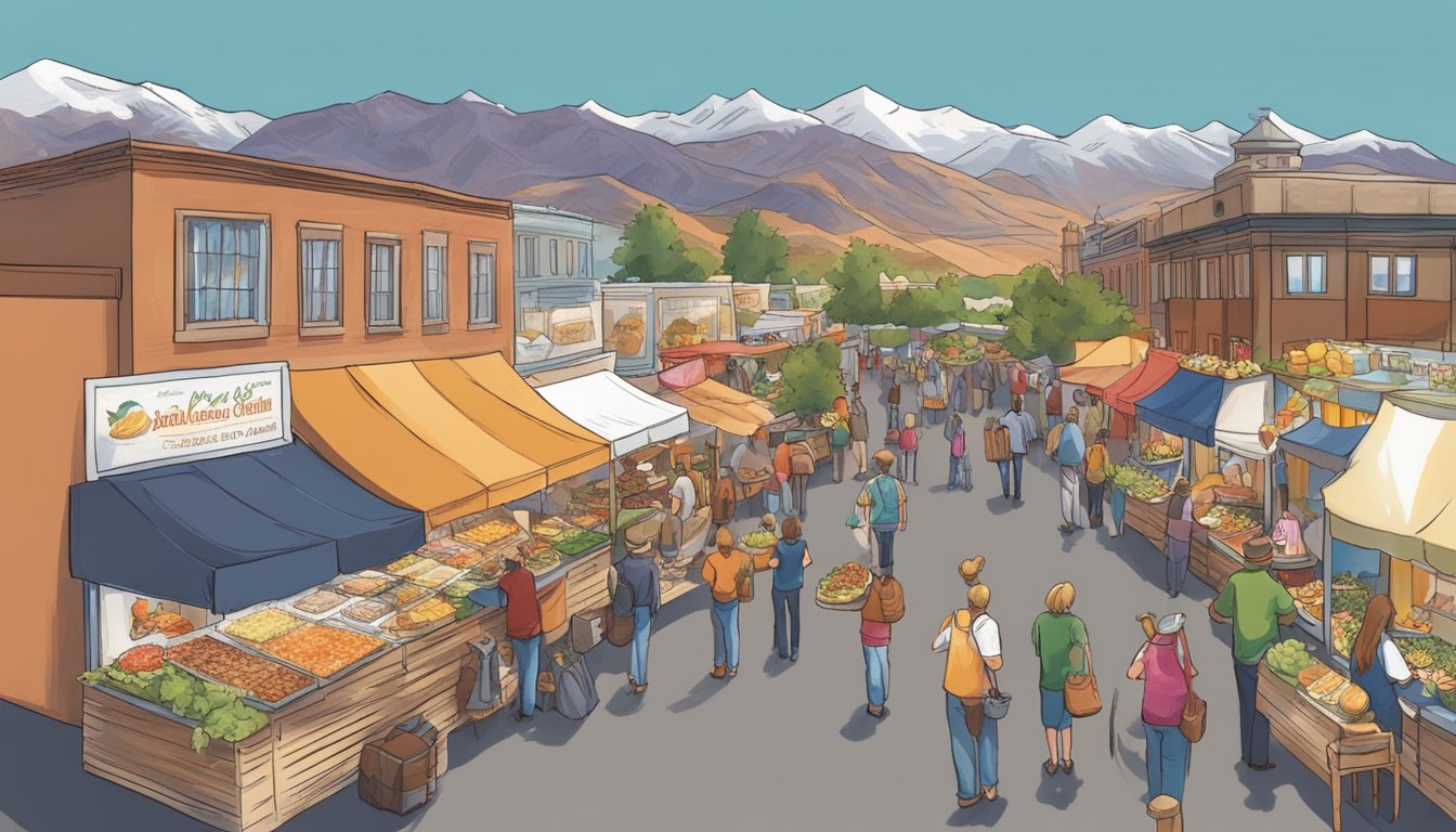 Vibrant food stalls line the streets at the Ogden Harvest Moon Celebration, offering a variety of delectable dishes and drinks. The aroma of sizzling meats and sweet treats fills the air as visitors sample the best of Utah's culinary delights