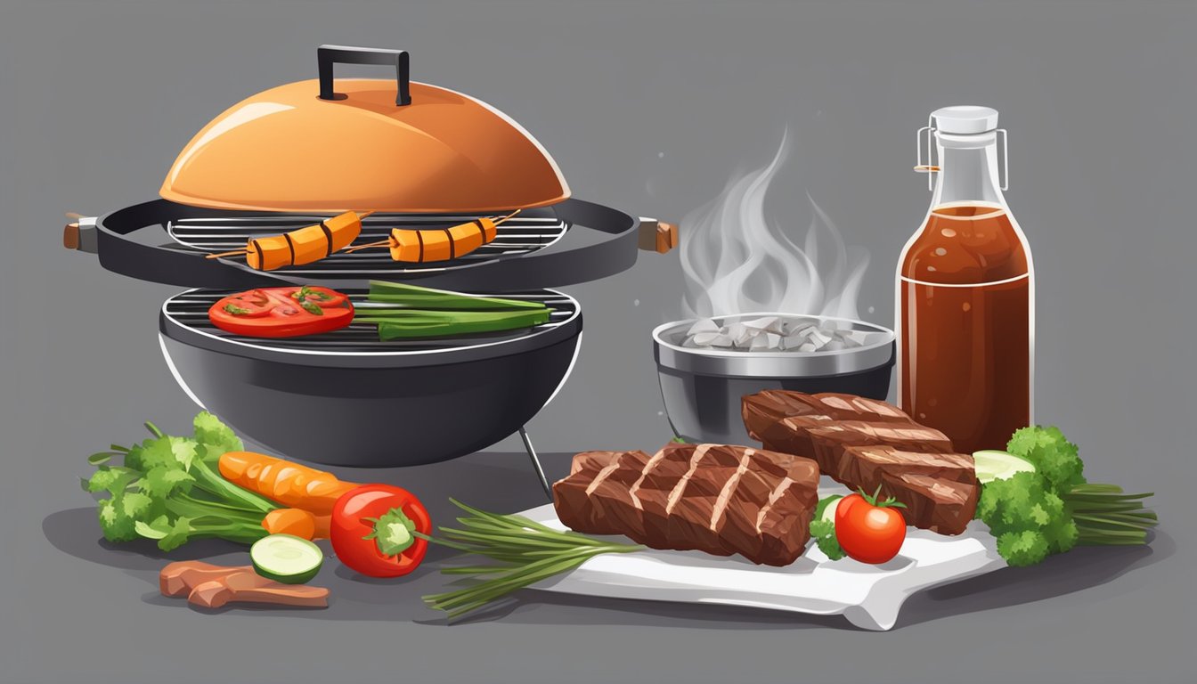 A grill with glowing charcoal, skewers of marinated meat and vegetables, and a brush with BBQ sauce