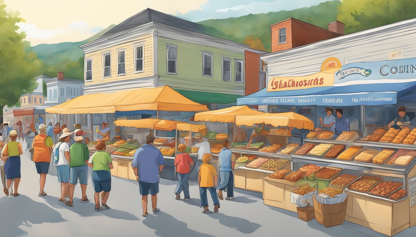 Colorful food vendors line the streets of Waterbury, Vermont, offering a variety of delicious treats. The aroma of sizzling meats and sweet pastries fills the air as festival-goers sample the best cuisine the state has to offer