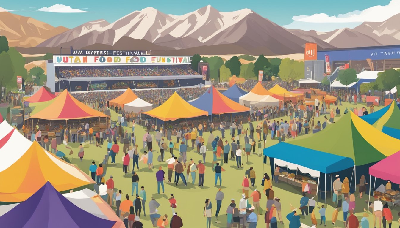 Crowds gather under colorful tents, sampling diverse cuisines. A stage features live music. A banner reads "Utah Food Festival."