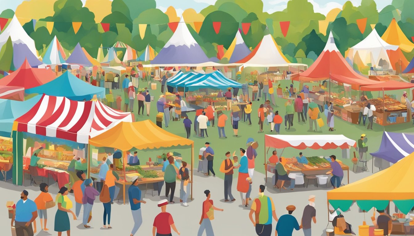 A bustling Vermont food festival with colorful tents, lively music, and diverse culinary offerings from various cultural backgrounds