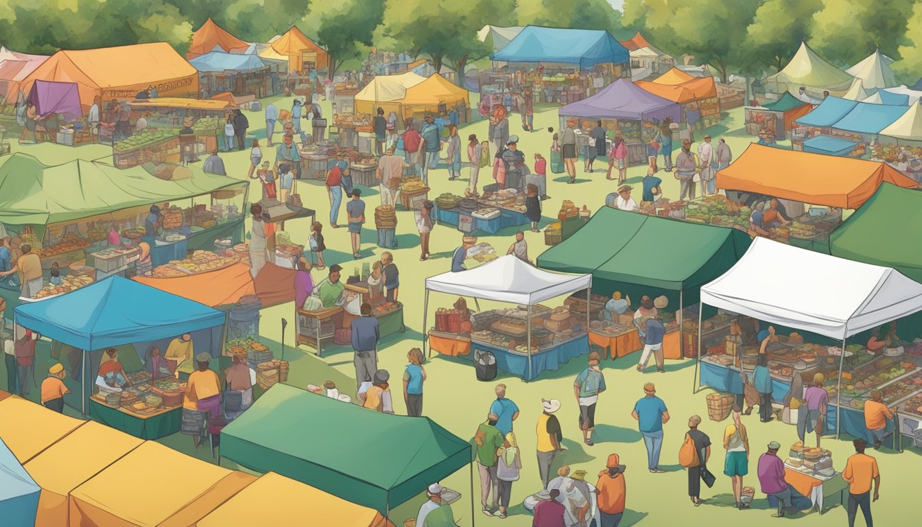 A bustling food festival in North Dakota, with colorful tents, people sampling diverse cuisine, and live music adding to the festive atmosphere