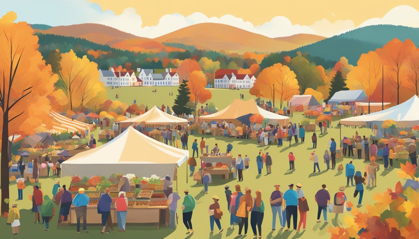 A bustling food festival in Vermont, with colorful vendor stalls, live music, and people sampling unique culinary creations amidst a picturesque backdrop of rolling hills and autumn foliage