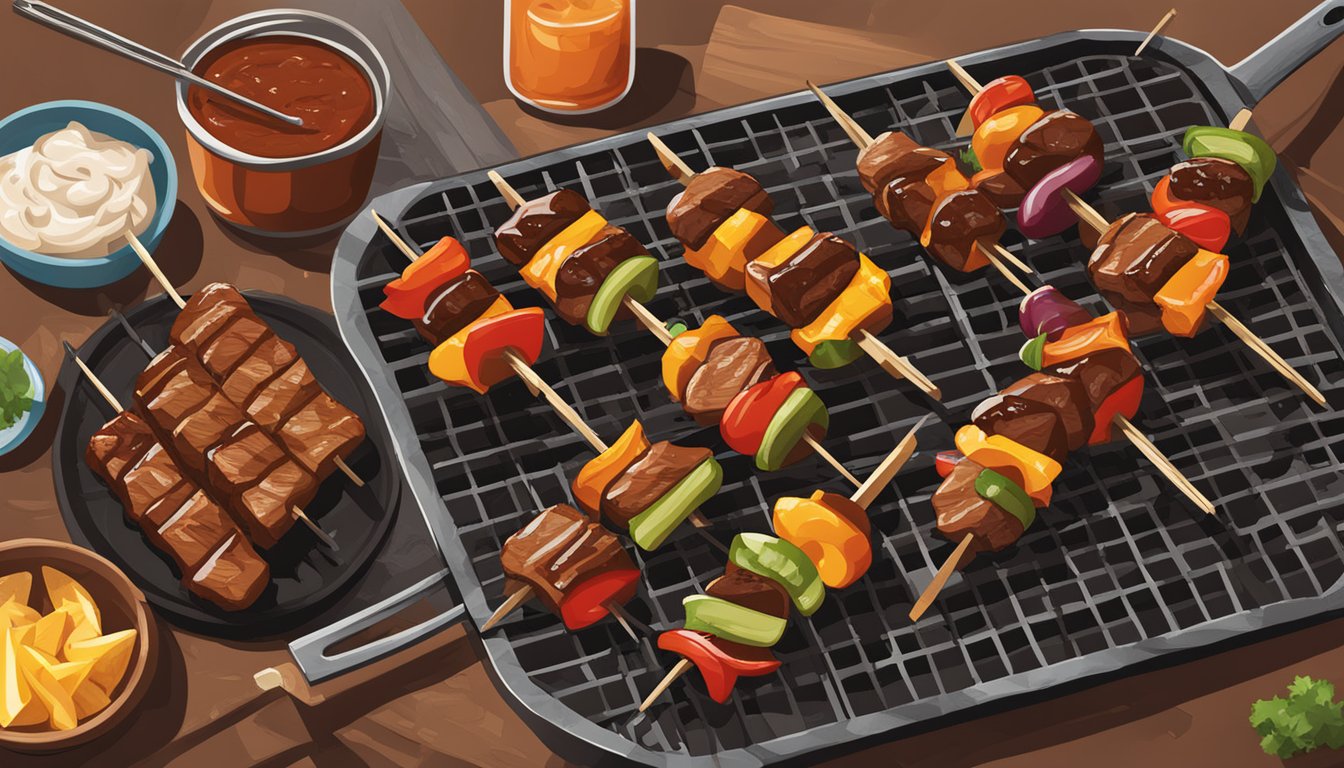 A grill with sizzling kabobs, charred grill marks, and a smoky Texas BBQ sauce glaze