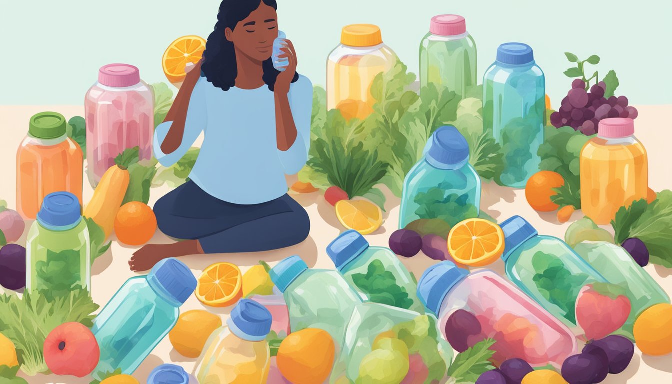 A person surrounded by empty bai antioxidant infused water bottles, with a pile of fruits and vegetables nearby