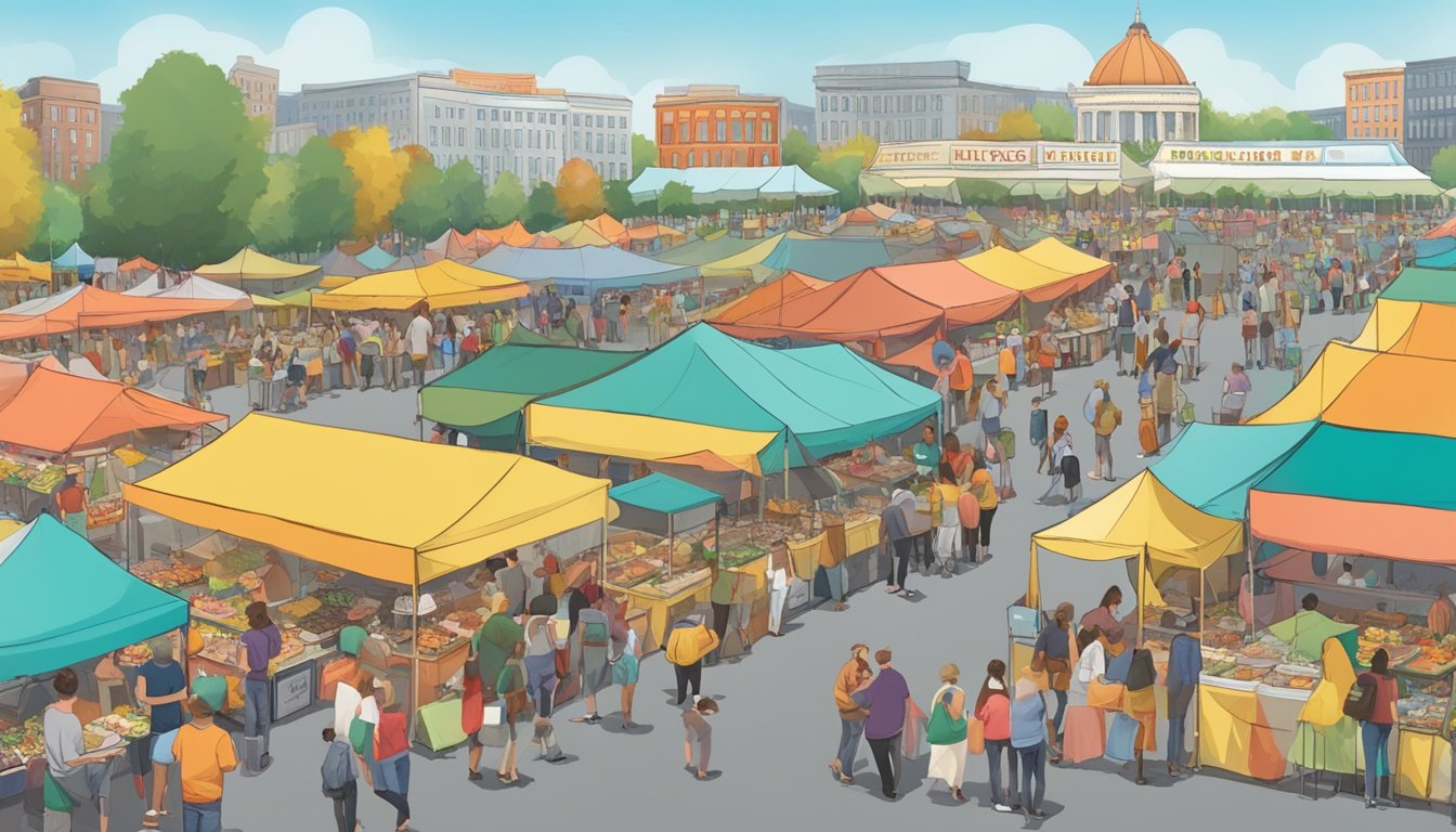 A bustling outdoor food festival in Washington, with colorful tents, food vendors, and crowds of people sampling a variety of dishes