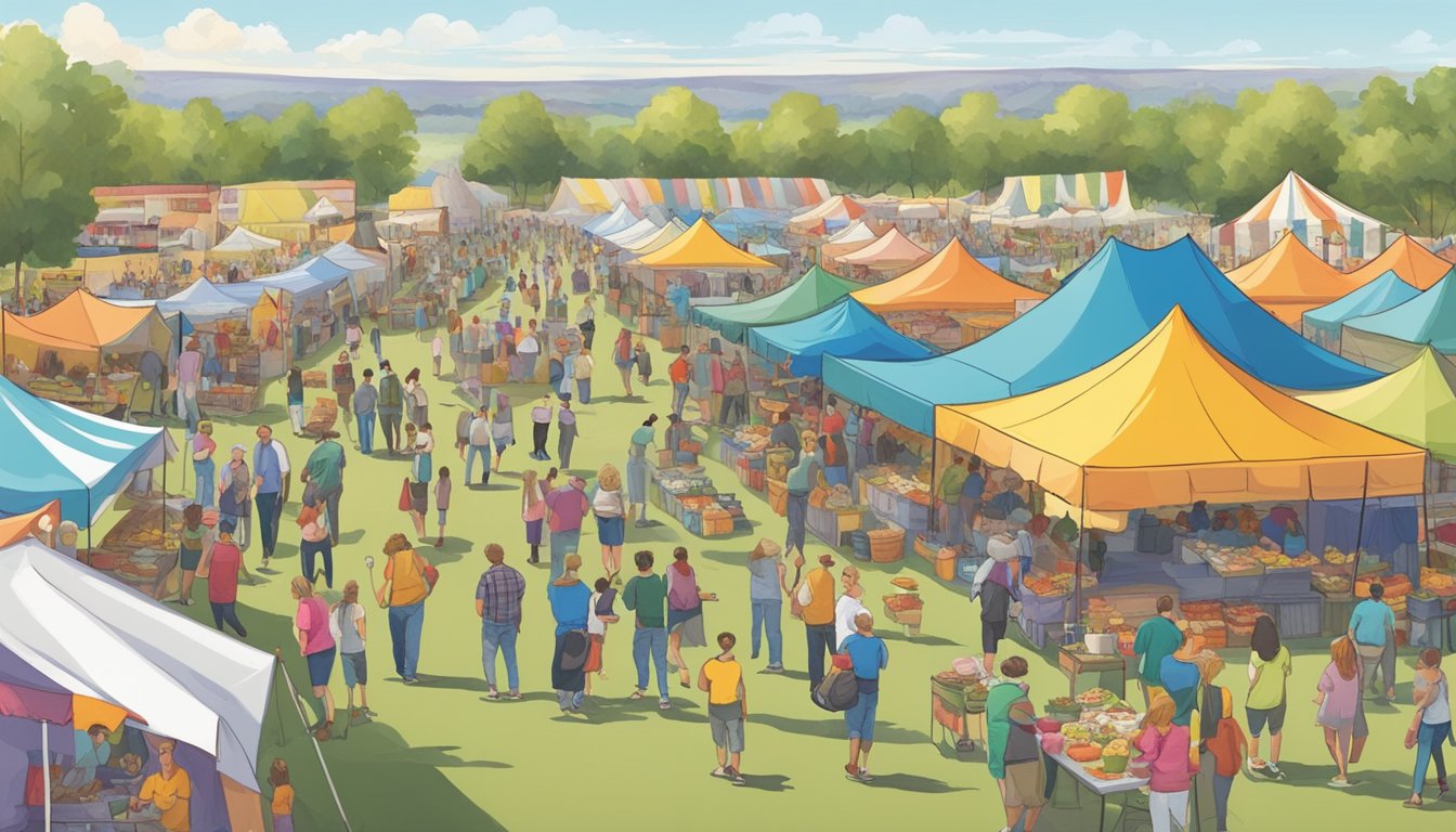 A bustling food festival in North Dakota, with colorful tents, food vendors, and excited visitors sampling various dishes