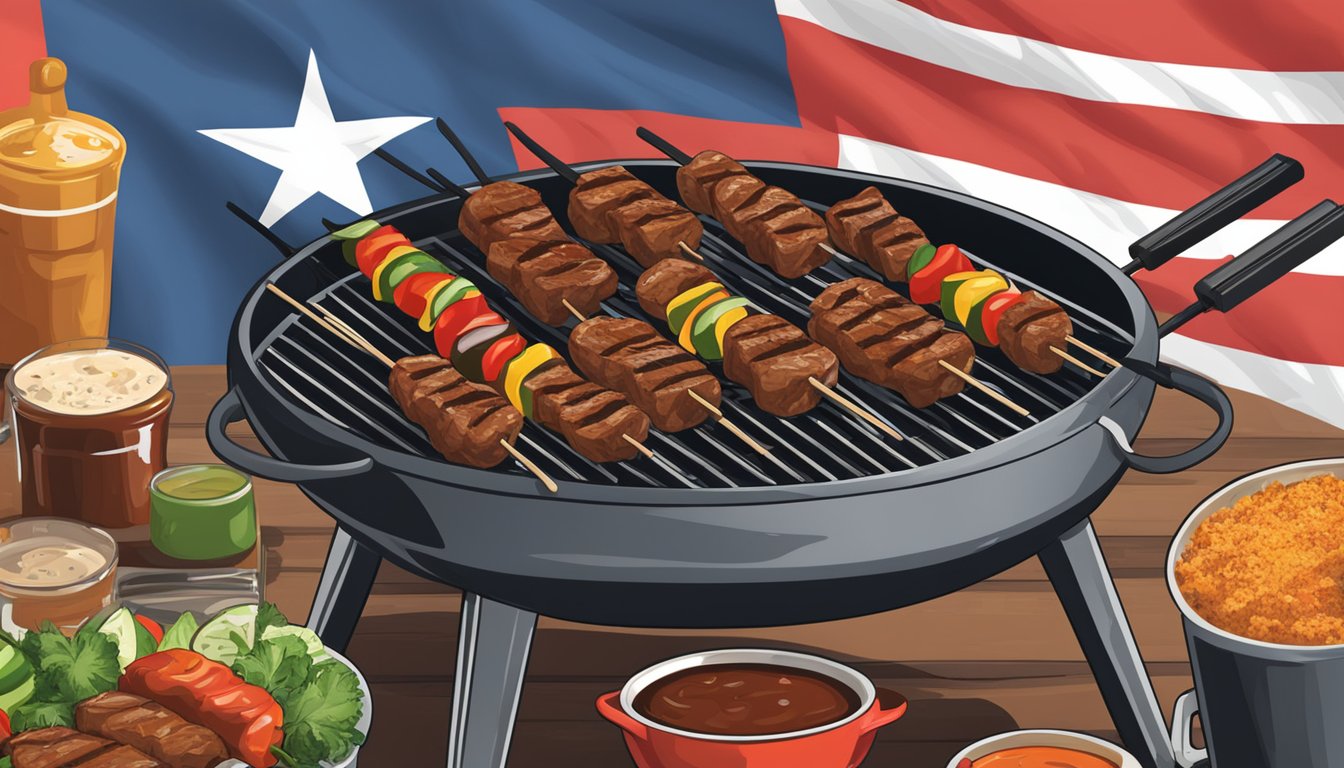 A grill with sizzling kabobs, surrounded by various BBQ sauces and seasonings, with a Texas flag waving in the background