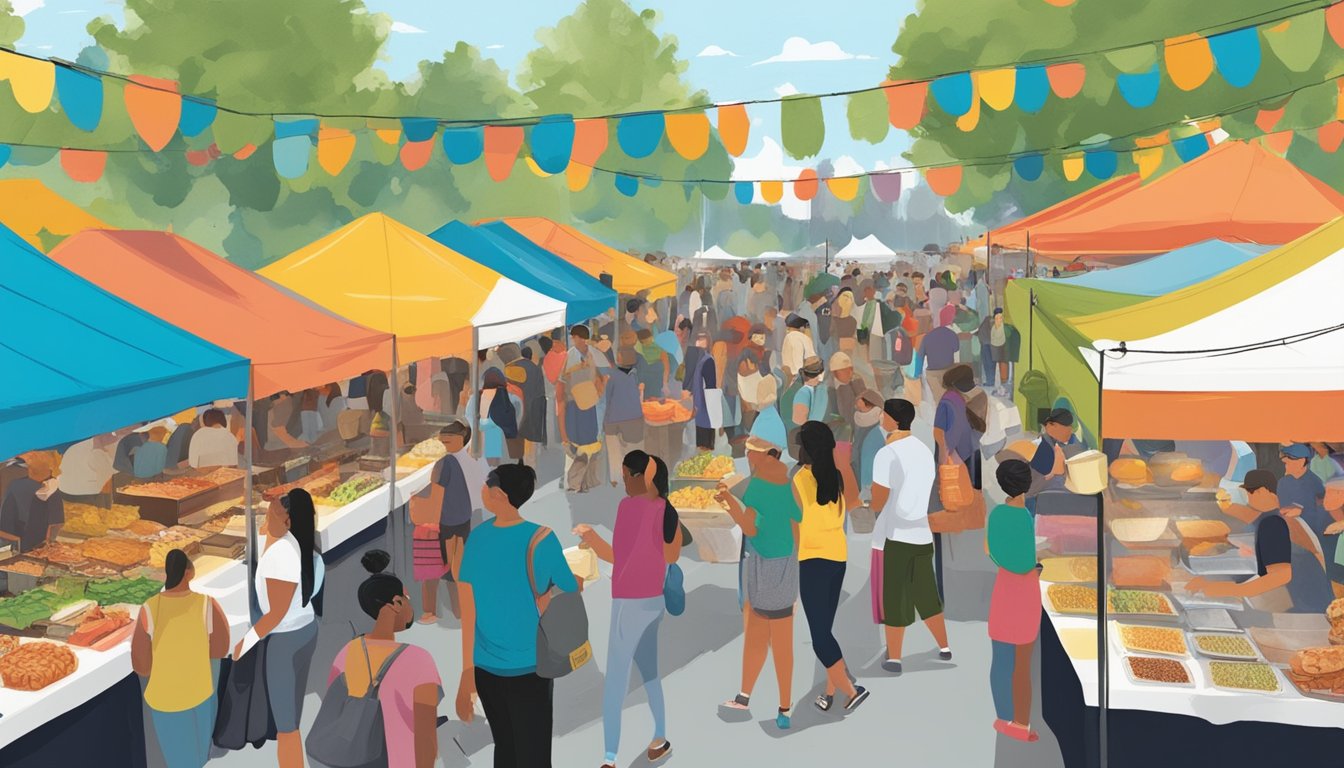 Crowds gather around food stalls, sampling diverse cuisines under colorful tents at Bite of Seattle, one of Washington's best food festivals