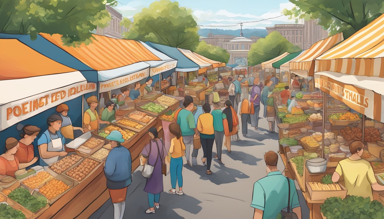 Colorful food stalls line the bustling streets of the Portland Rose Festival, offering a variety of delicious and aromatic dishes from different cultures