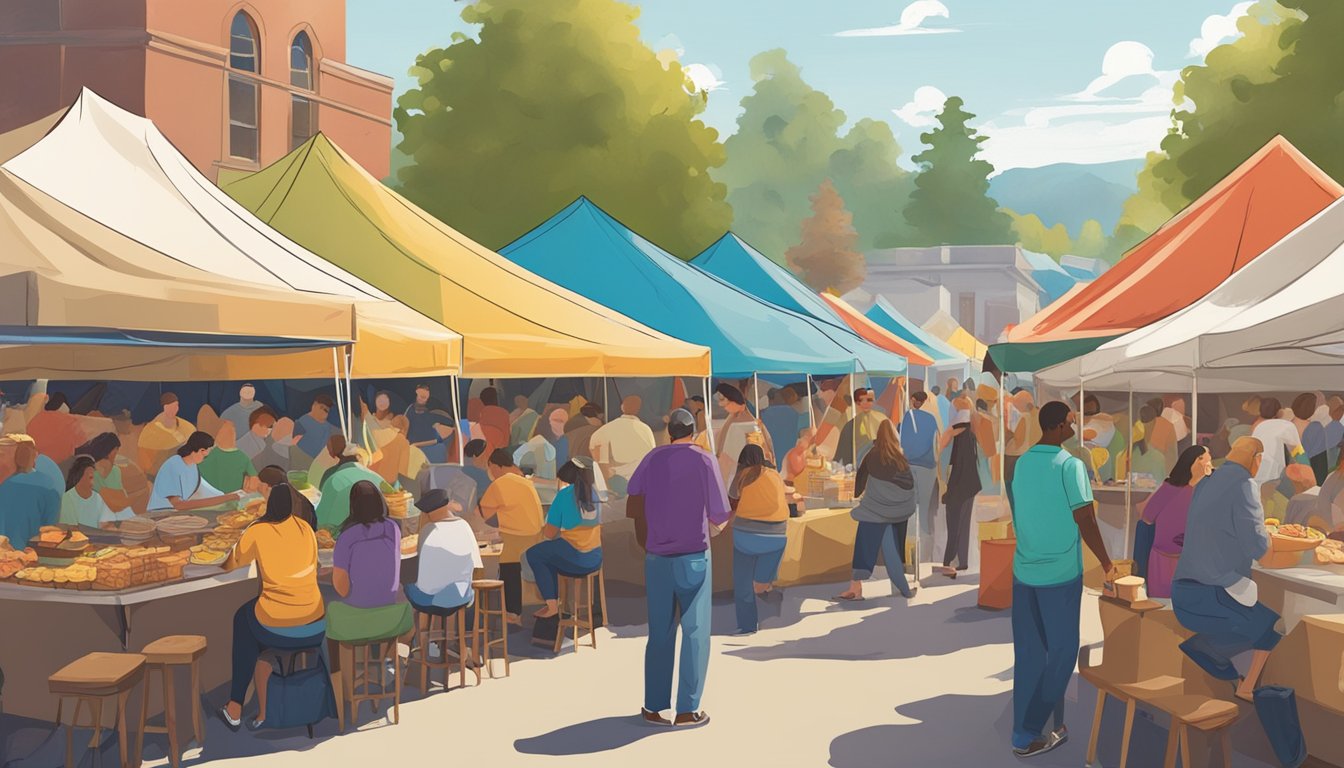 Crowds gather around food stalls at Washington BrewFest, with colorful tents and enticing aromas filling the air. Vendors serve up a variety of dishes as people mingle and enjoy the festival atmosphere