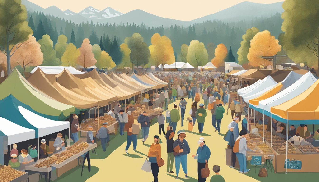 A bustling Oregon Truffle Festival, with vendors, food stalls, and excited festival-goers enjoying the best of Oregon's culinary delights