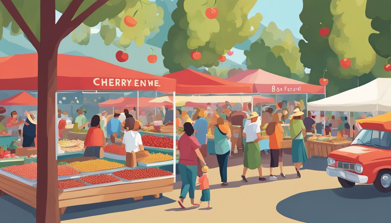 A bustling food festival in Hood River, Oregon, featuring an array of cherry-themed dishes and treats. The air is filled with the sweet scent of cherries as vendors and visitors mingle among the colorful stalls