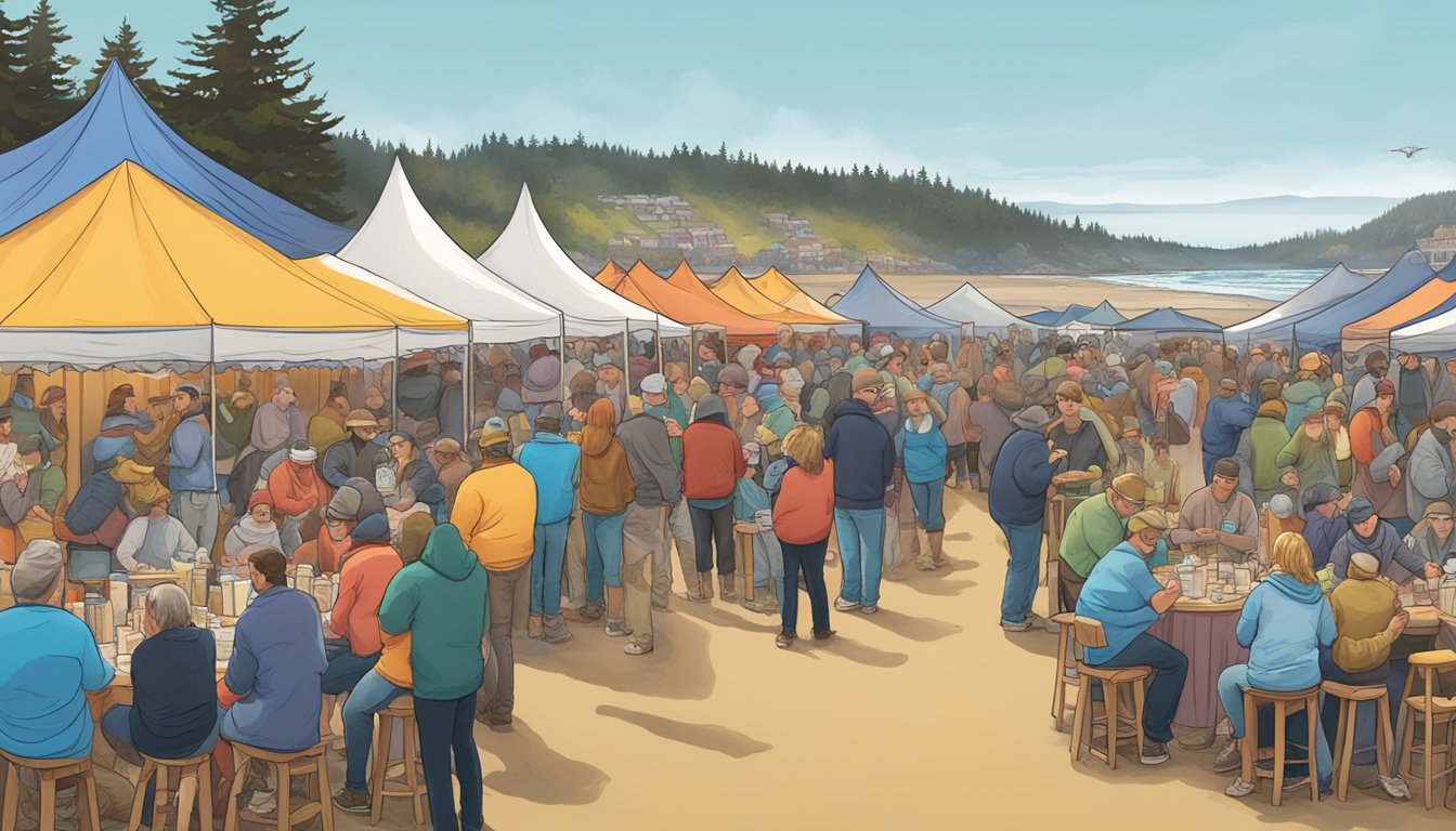 Crowds gather under colorful tents, sampling steaming chowder and frothy brews at Lincoln City Chowder & Brewfest, a lively food festival in Oregon