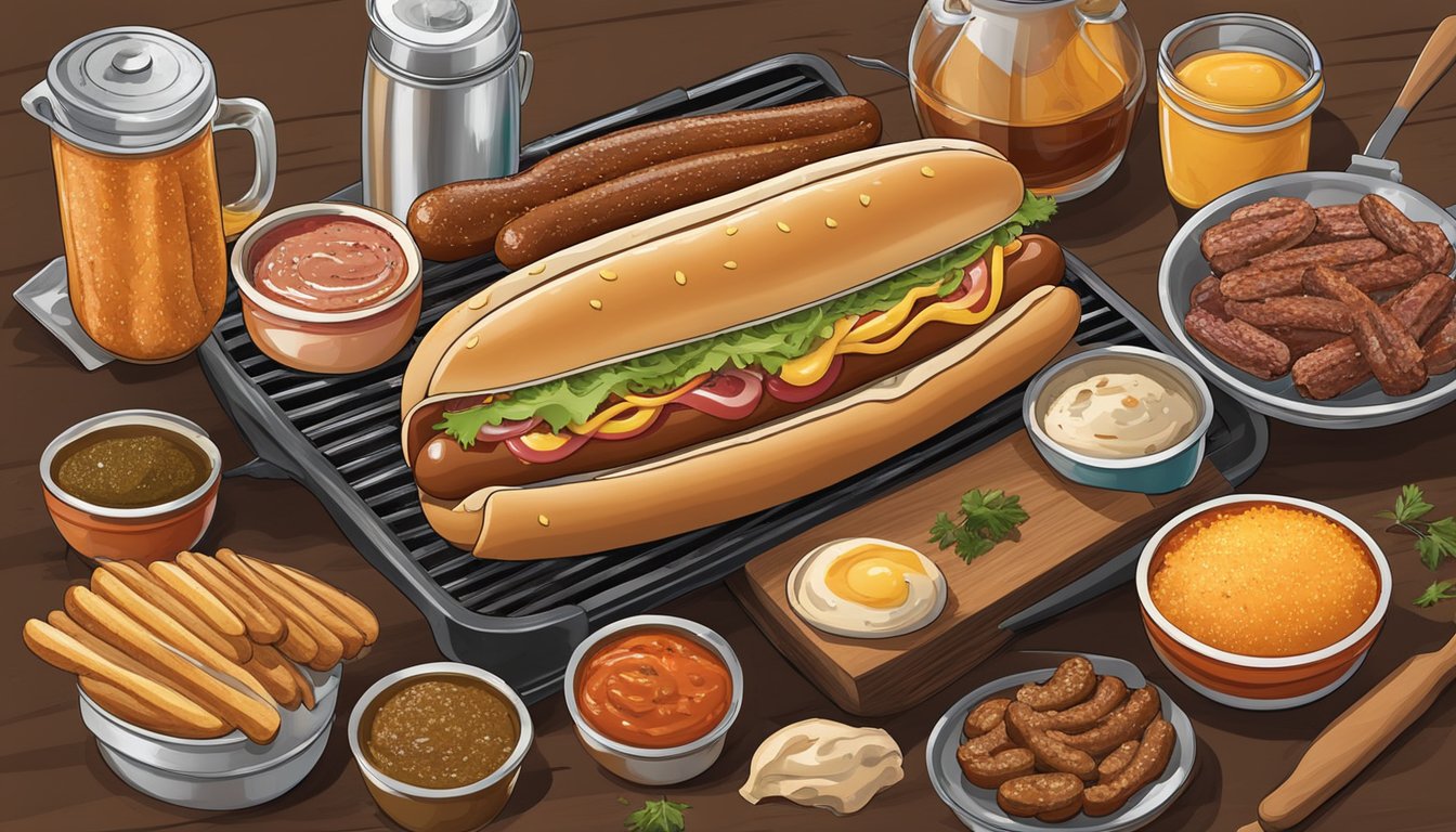 A hot dog sits on a grill, surrounded by a variety of seasonings and marinades, with a Texas BBQ style backdrop